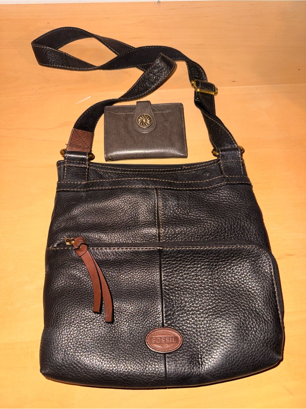 Fossil Black Pebbled Leather Messenger Bag with Brown Accents